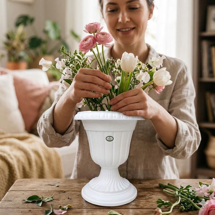 13 Inch Decorative Tulip Flower Vase White Plastic Flower Holder for Home & Tabletop Decor