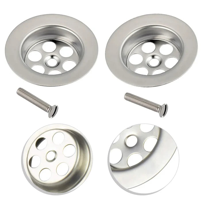 2x Sink Drain Plug Covers with Screw – Bath Plug Hole Filter & Threaded Adapter Set