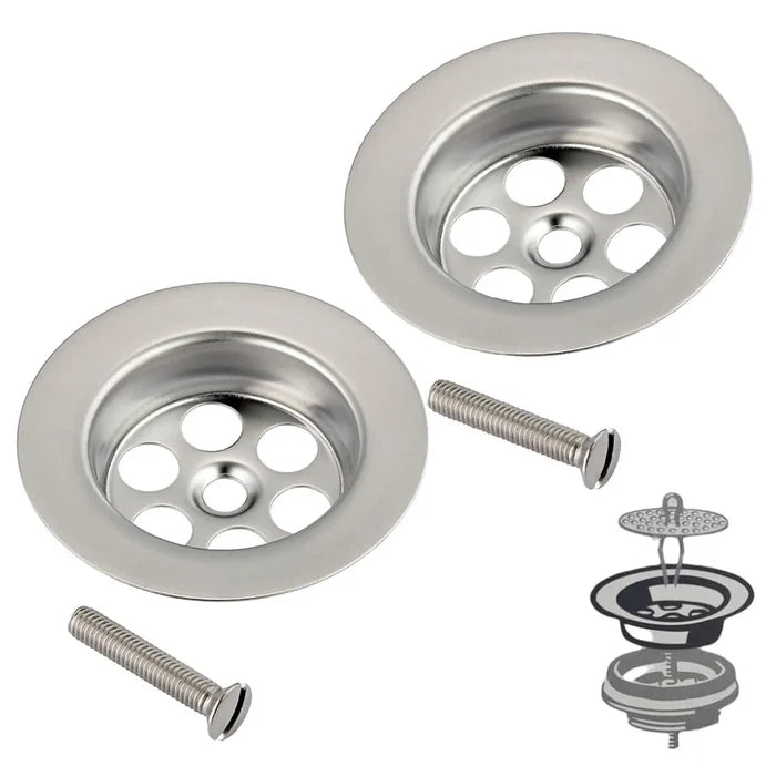 2x Sink Drain Plug Covers with Screw – Bath Plug Hole Filter & Threaded Adapter Set