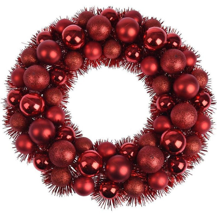 36cm Tinsel Christmas Wreath – 56 Red Baubles (Matte, Glitter & Chrome)