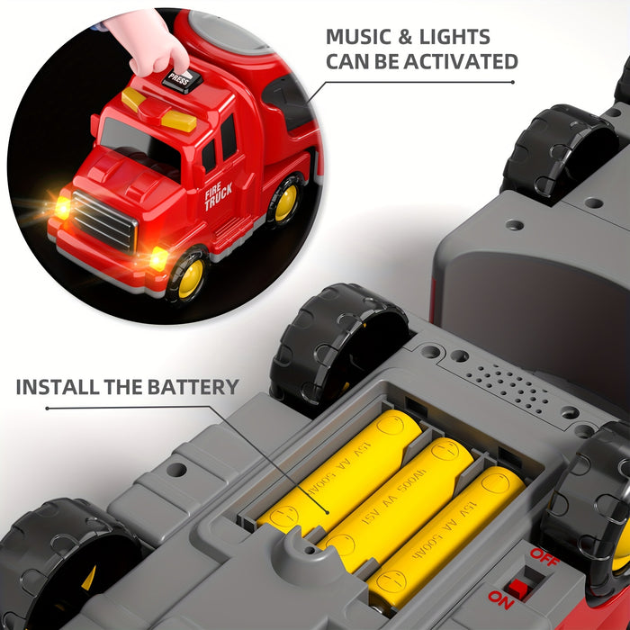 5-in-1 Fire Truck & Car Carrier – Friction Action Toy with Lights & Sounds (Ages 3–6)