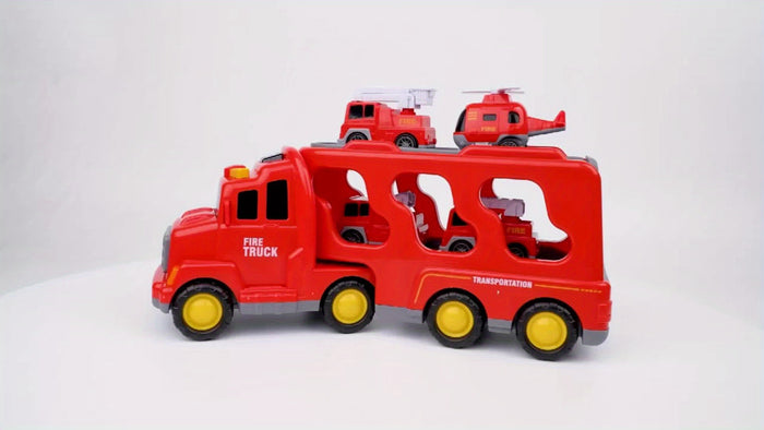 5-in-1 Fire Truck & Car Carrier – Friction Action Toy with Lights & Sounds (Ages 3–6)