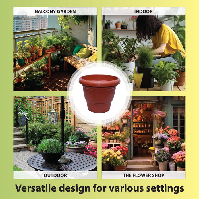 8 Inch Deluxe Round Brown Planter Set of 12 UV Resistant, Lightweight Plastic Pots for Indoor & Outdoor Plants