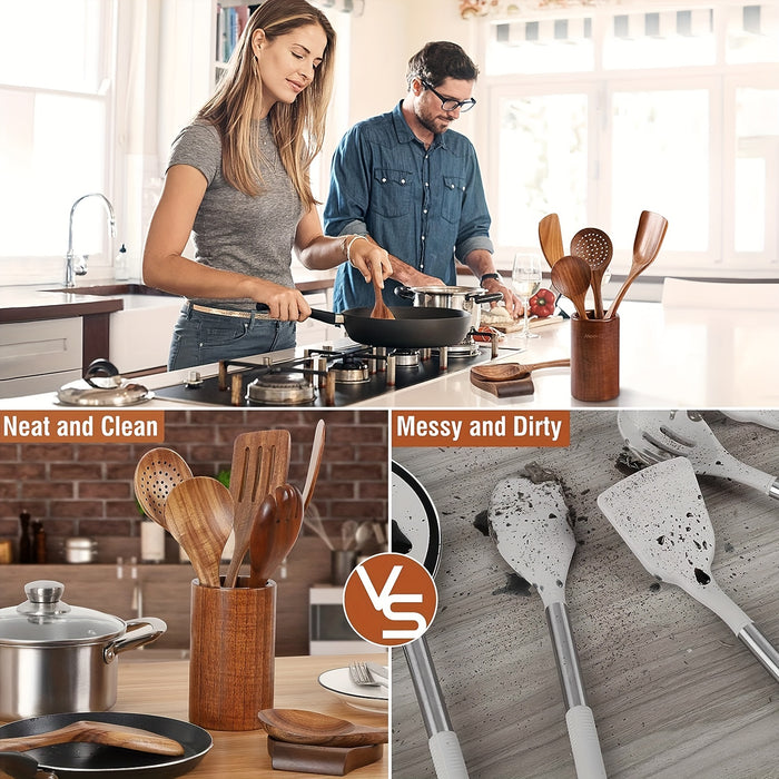 9Pcs Wooden Cooking Utensils Set – Heat Resistant Tools for Non-Stick Pans
