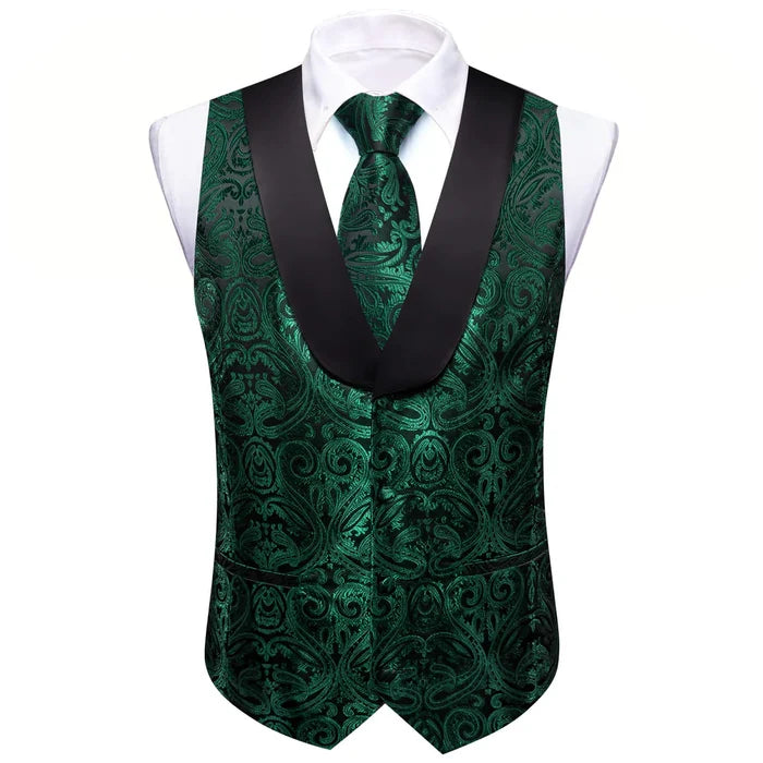 Barry.wang Shawl Collar Vest Dark Green Jacquard Woven Paisley Men's Silk Vest Tie Set Green/Black, XL