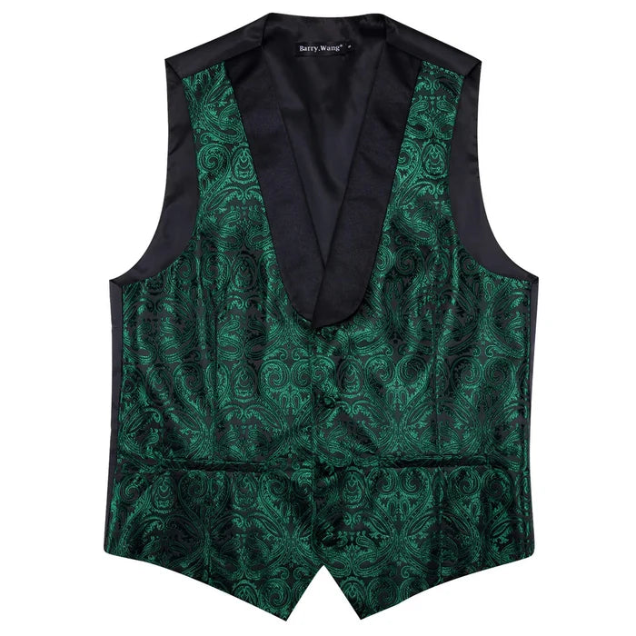 Barry.wang Shawl Collar Vest Dark Green Jacquard Woven Paisley Men's Silk Vest Tie Set Green/Black, XL
