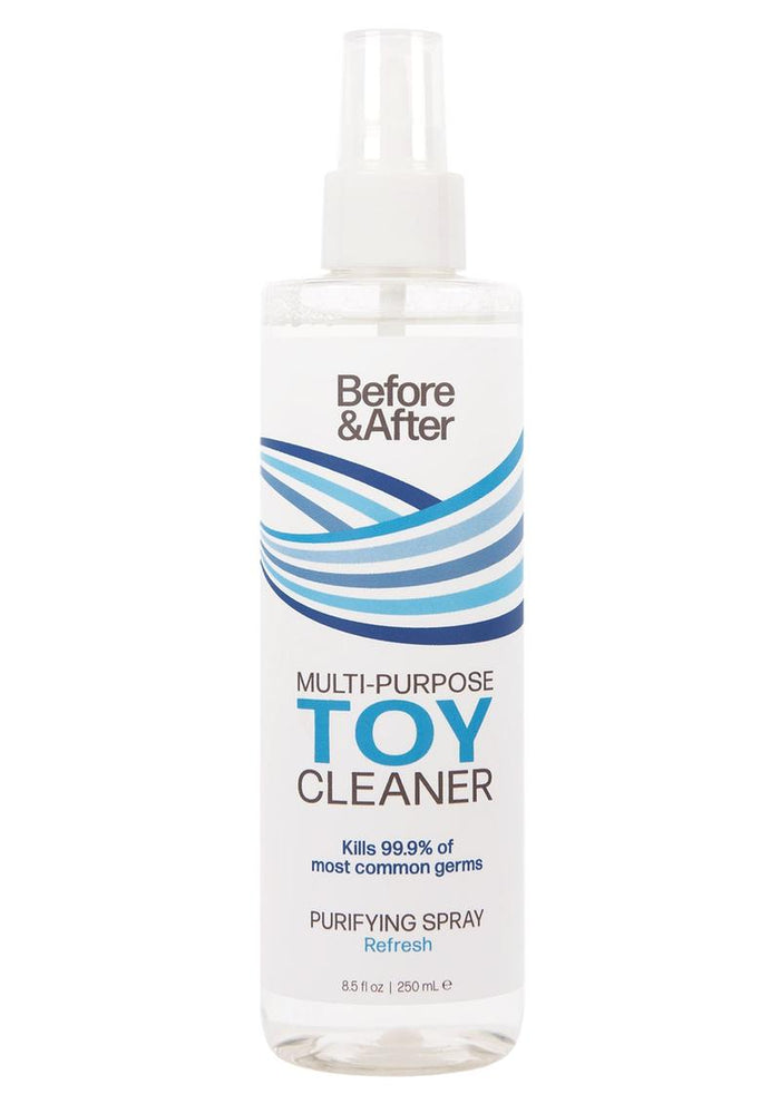 Bottle of multi-purpose toy cleaner with 'Before & After' branding on a white background