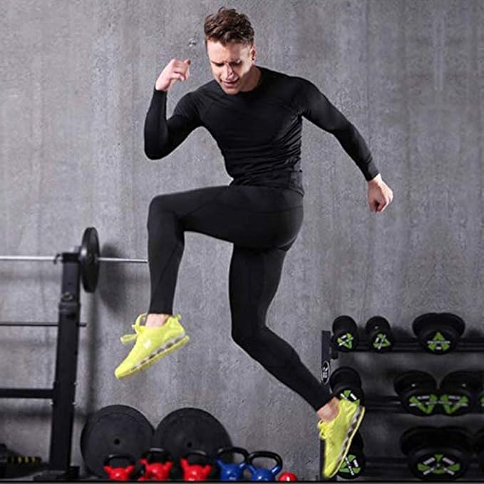 BUYKUD Men's Long Sleeve Base Layer Compression Athletic Underwear Shirt Tights Top & Bottom Set, Black, S