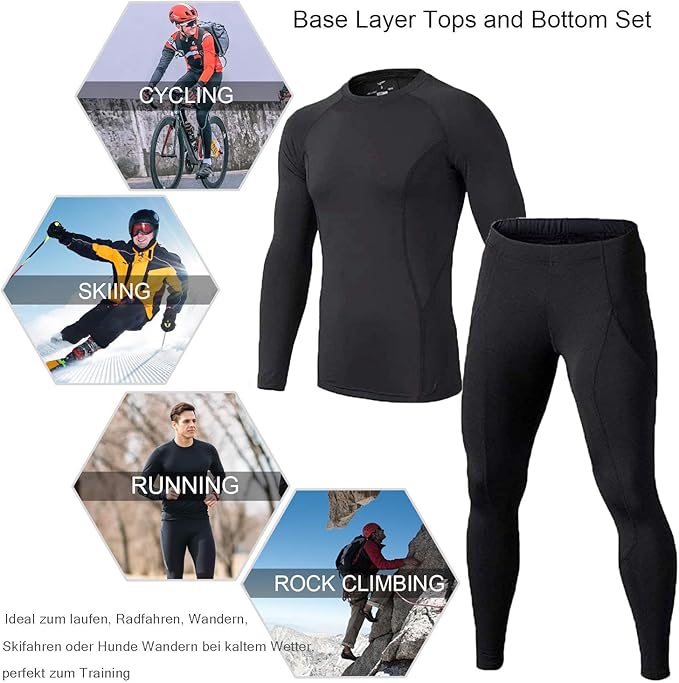 BUYKUD Men's Long Sleeve Base Layer Compression Athletic Underwear Shirt Tights Top & Bottom Set, Black, S
