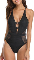 CharmLeaks Women's One Piece Swimming Costume Plunge Cutout Monokini Bathing Suit Black M