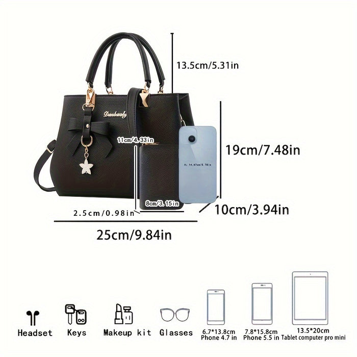 Chic Women’s Bow Handbag – Top Handle Satchel with Coin Purse & Adjustable Strap