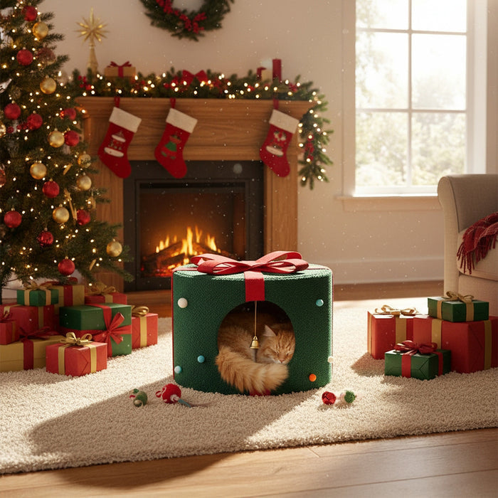 Christmas Cat Bed with Bells – Gift-Shaped Pet Cave for Cats & Small Dogs - 42x42x30cm