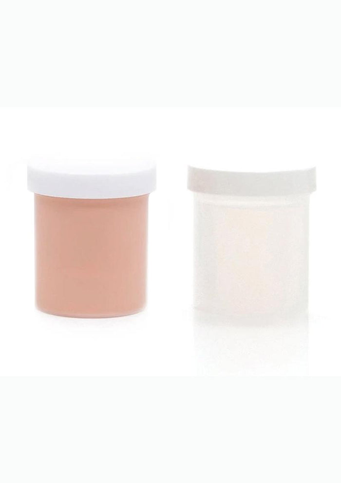Two small containers with white lids on a white background