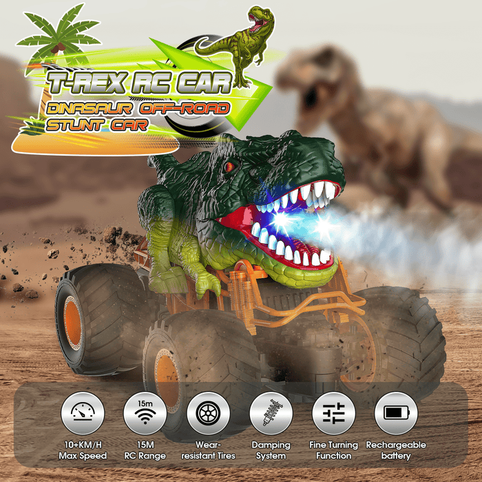 Dinosaur RC Car for Kids – 1:16 Scale Monster Truck with LED, Sound & Spray