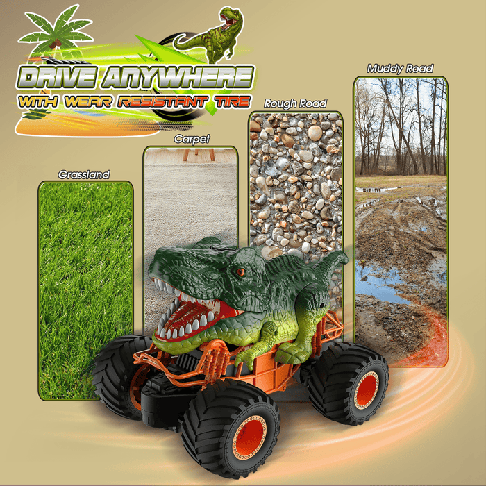 Dinosaur RC Car for Kids – 1:16 Scale Monster Truck with LED, Sound & Spray