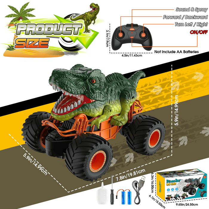 Dinosaur RC Car for Kids – 1:16 Scale Monster Truck with LED, Sound & Spray