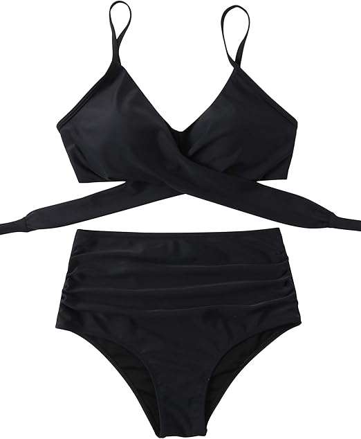 DOULAFASS High Waisted Bikini Set Push Up Bikini Top Tummy Control Bikini Padded 2 Piece Bikini Black, M