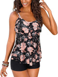 DOULAFASS Women Ruffle Tankini Set with Boyshort 2 Piece Plus Size Swimsuit Swimwear Pink/Black, L