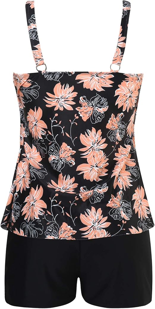 DOULAFASS Women Ruffle Tankini Set with Boyshort 2 Piece Plus Size Swimsuit Swimwear Pink/Black, L