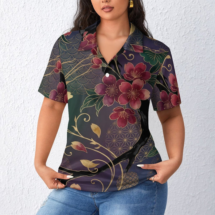A woman wearing a short-sleeve button-up shirt with a dark purple and green background, decorated with large burgundy flowers, gold vine patterns, and geometric motifs, paired with blue jeans.