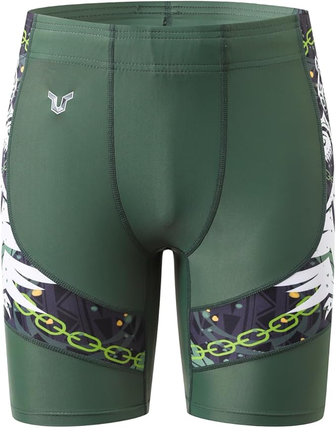 HUGE SPORTS Men's Splice Swimming Shorts Compression Jammer Long Wild Series, Bear Green, XXL