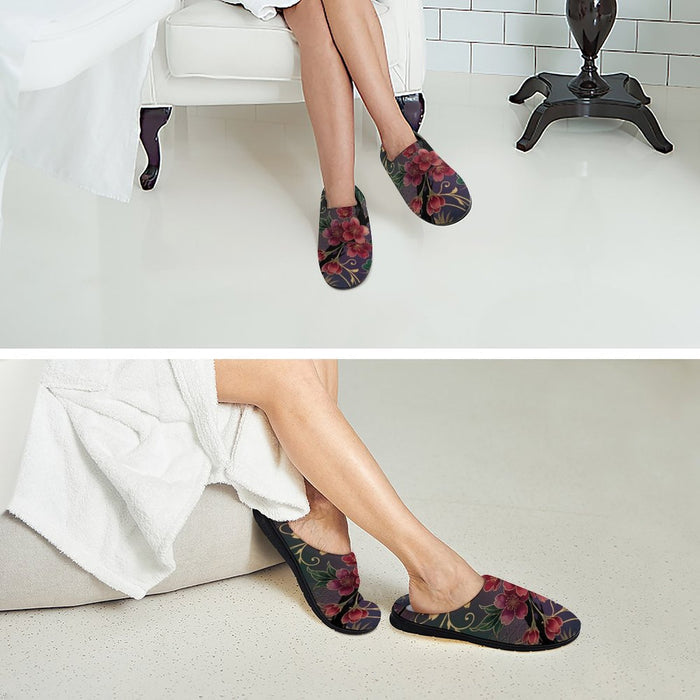 A two-panel lifestyle image showing a person wearing slip-on floral slipper socks. The top panel shows the feet crossed on a white bench in a bright bathroom setting, and the bottom panel shows the feet resting on a light floor with a white robe draped nearby.