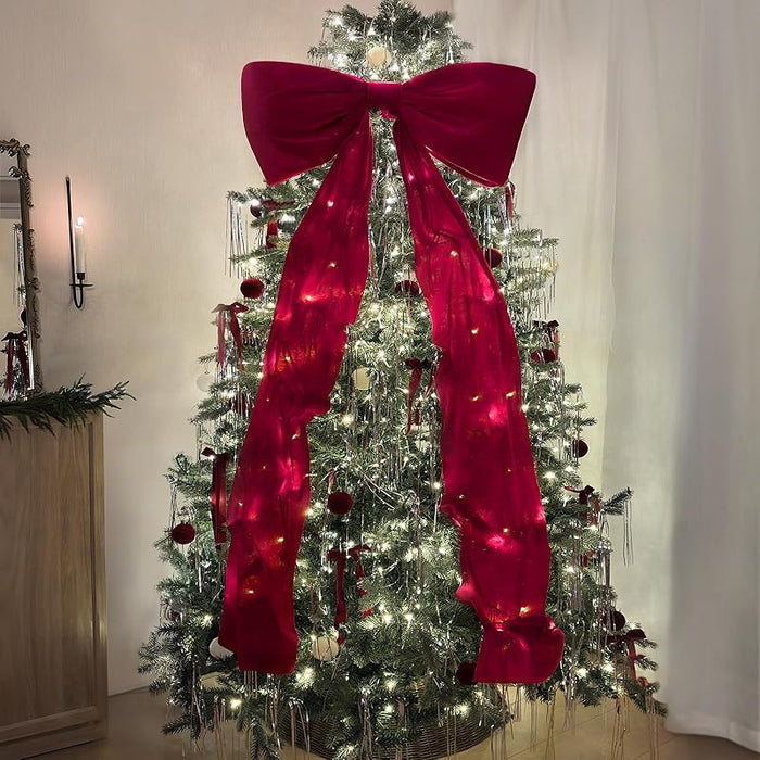 Large Luxury Red Velvet Christmas Tree Topper Bow – Deep Burgundy Glossy Bow