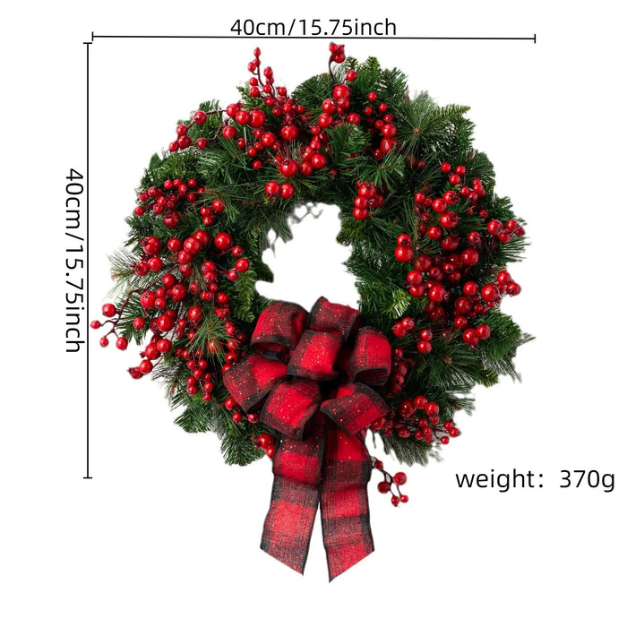 Large Red Berry Christmas Wreath – Burgundy Bow & Plaid Ribbon Door Decoration