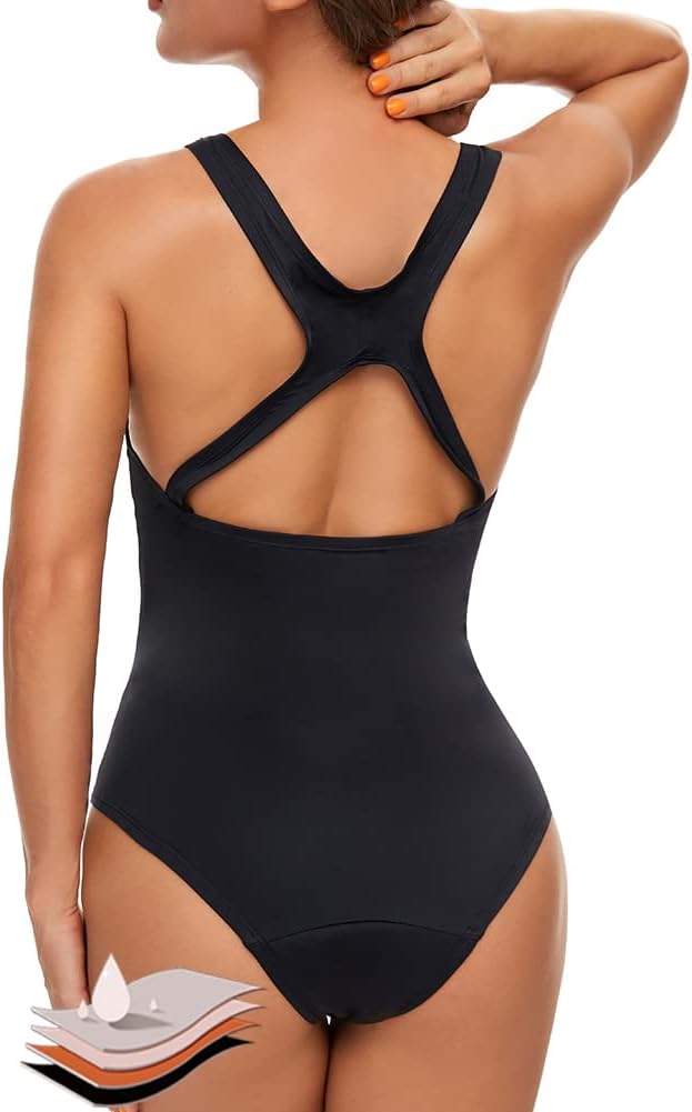 Mordlanka Period Swimwear One Piece Leakproof Swimsuit for Teen Girls Women, Black, Medium