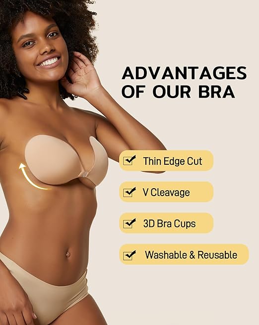 Niidor Adhesive Bra Strapless Sticky Invisible Push Up Fabric Bra Nipple Covers for Backless Dress, Nude, D