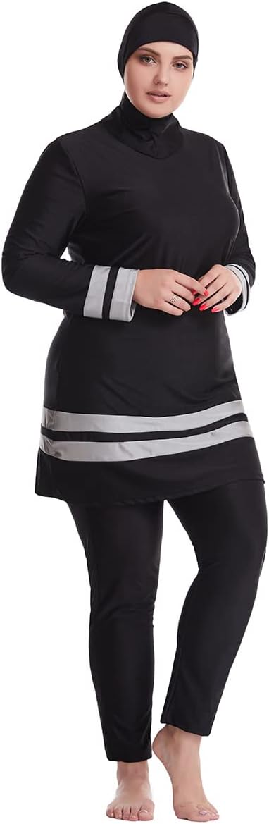 OBEEII Muslim Women Plus Size Color Matching Fat Swimsuit Tankini 3 Piece Swimwear, black, 6XL