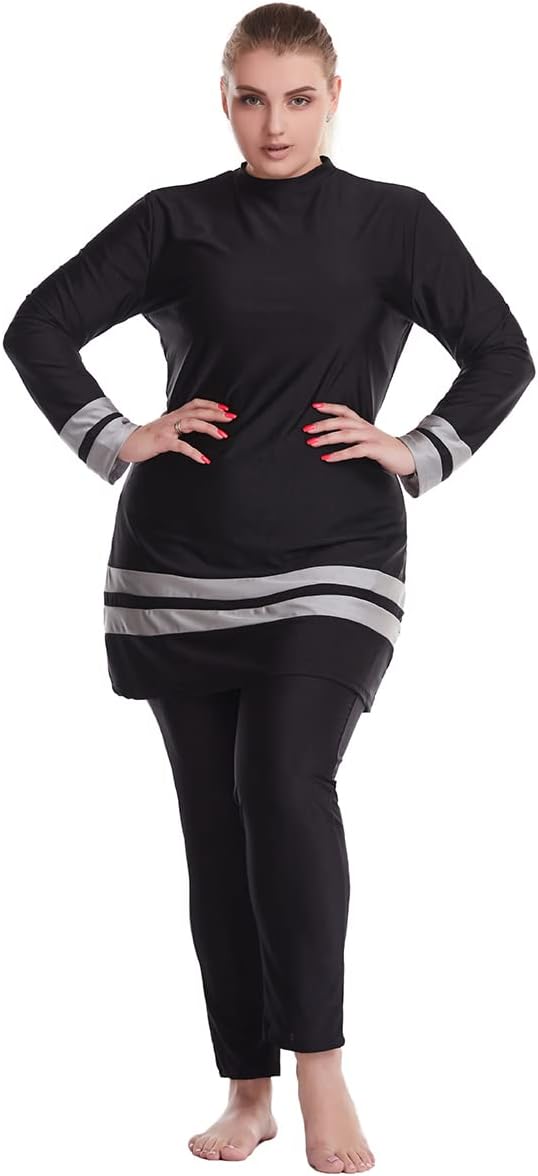 OBEEII Muslim Women Plus Size Color Matching Fat Swimsuit Tankini 3 Piece Swimwear, black, 6XL