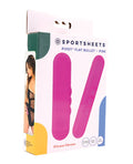 Pink silicone vibrator in packaging with brand logo on a white background