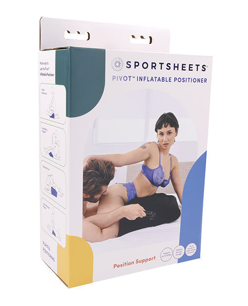 Box of Sportsheets Pivot Inflatable Positioner with a couple using it.
