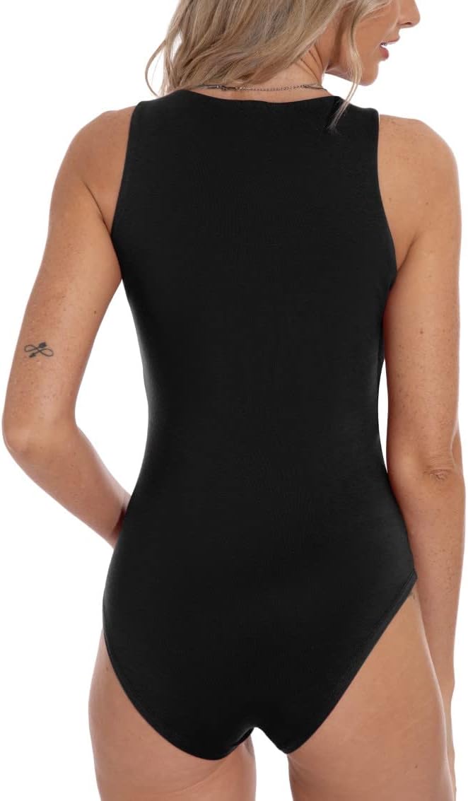 PrinStory Bodysuit for Women Black Sleeveless Body Suit Crew Neck Tank Tops (Black, M)