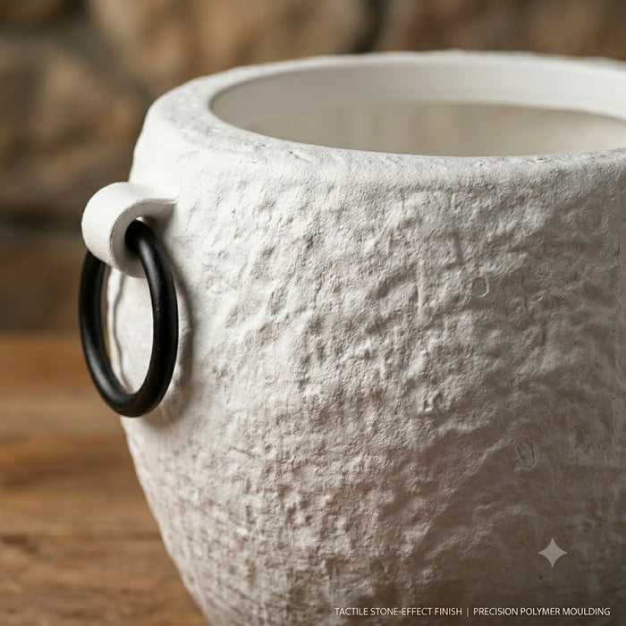 Rock Texture Large Planter Pot 15" — White Matte with Black Ring Handles