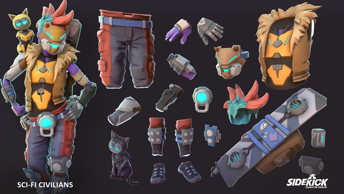 Collection of 3D sci-fi civilian character parts and accessories on a dark background with Sidekick branding.