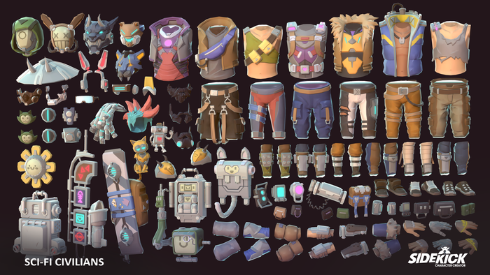 Collection of animated sci-fi civilian character parts on a dark background with Sidekick logo.