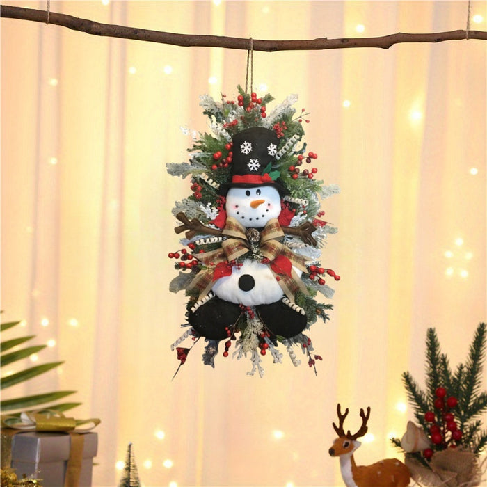 Snowman Swag Christmas Wreath – Plaid Bow, Pine Branches & Red Berries