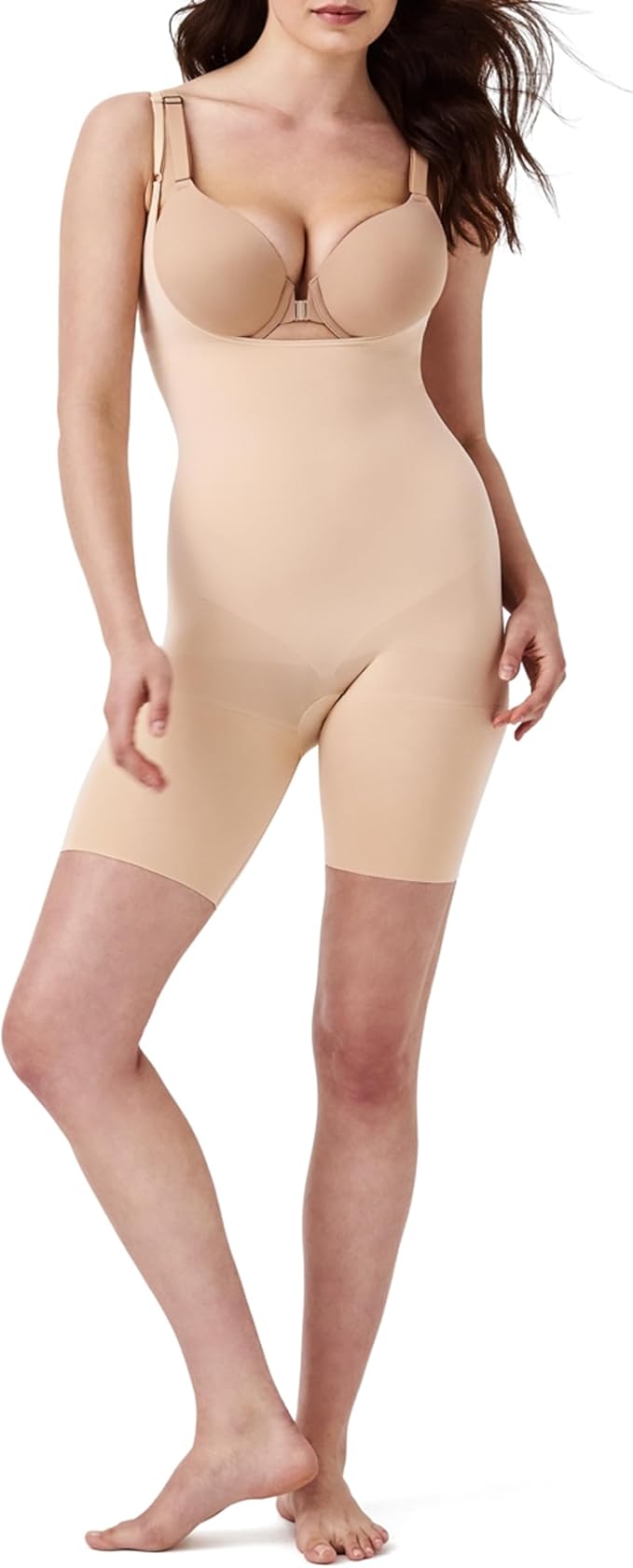 SPANX Women's Power Open-Bust Mid-Thigh Bodysuit Shapewear, Soft Nude, 2X