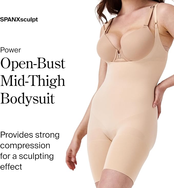 SPANX Women's Power Open-Bust Mid-Thigh Bodysuit Shapewear, Soft Nude, 2X