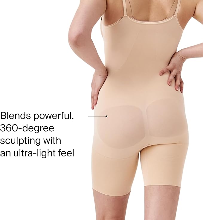 SPANX Women's Power Open-Bust Mid-Thigh Bodysuit Shapewear, Soft Nude, 2X