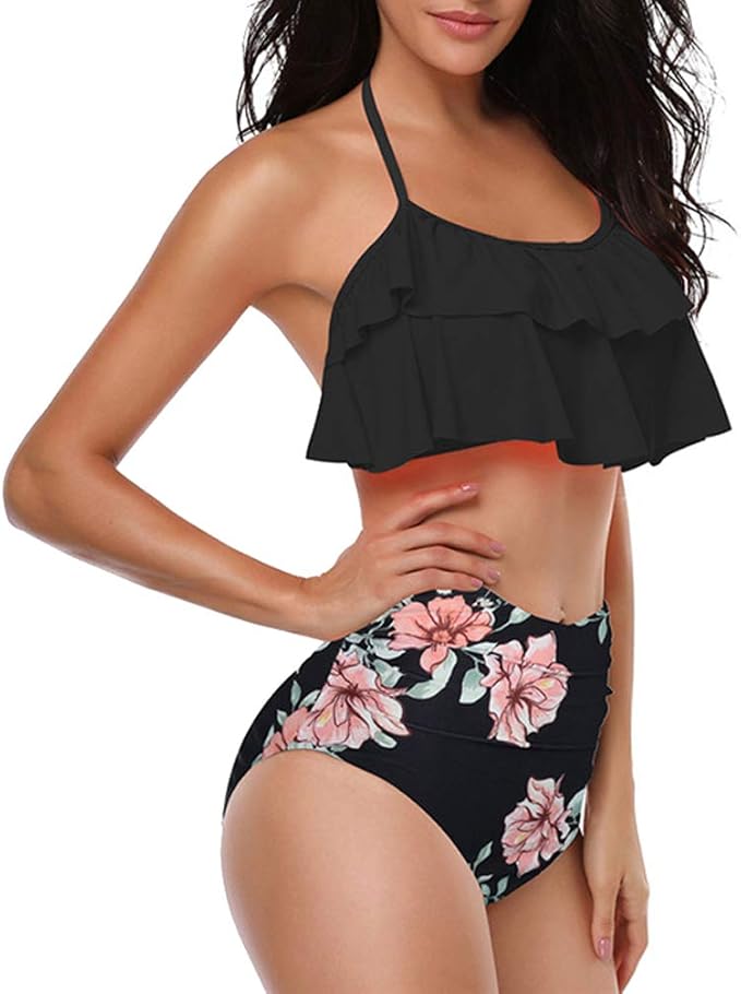 TEERFU Womens Swimwear High Waisted Padded Halter Beach Bathing Suits Bikini Set, Black, XL (18-20)