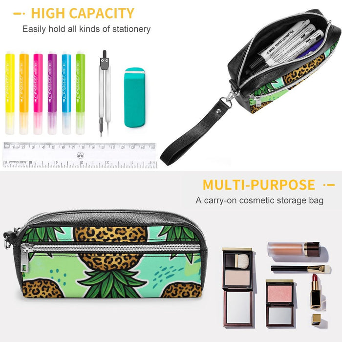 Upside Down Pineapple Versatile Cosmetic Bag & Pencil Case Pouch | Double-Zipper PU Organizer