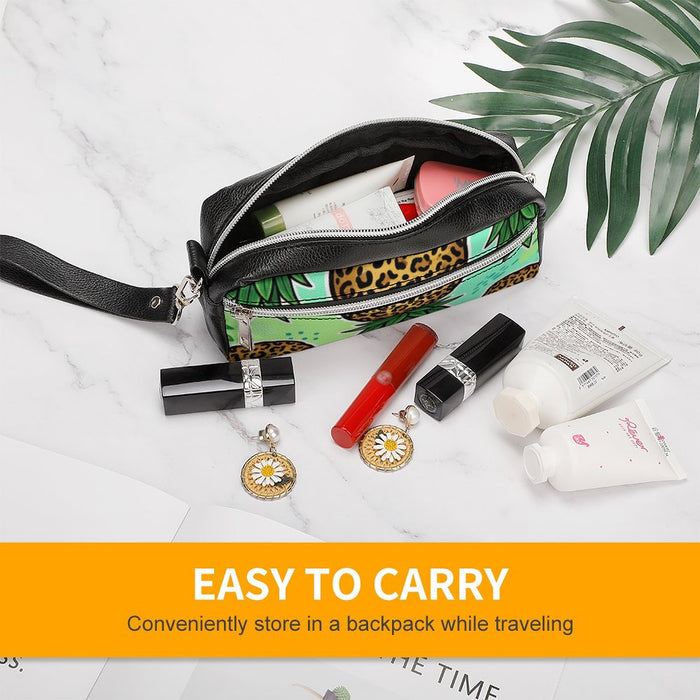 Upside Down Pineapple Versatile Cosmetic Bag & Pencil Case Pouch | Double-Zipper PU Organizer