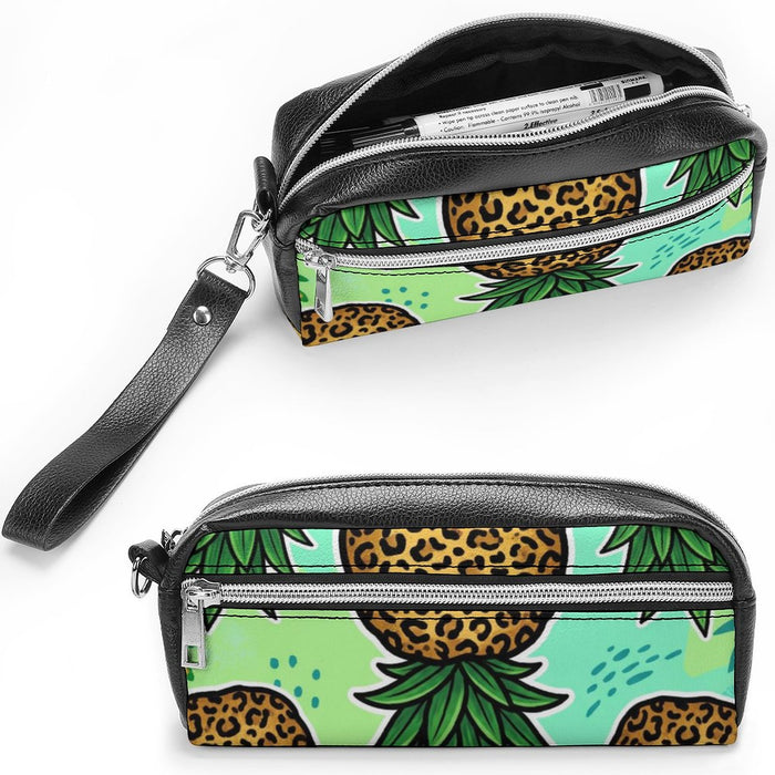 Upside Down Pineapple Versatile Cosmetic Bag & Pencil Case Pouch | Double-Zipper PU Organizer